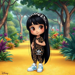 A Disney character representation of a little girl with long, straight black hair, decorated with a zebra print hairband