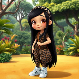 A Disney character representation of a little girl with long, straight black hair, decorated with a zebra print hairband