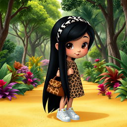 A Disney character representation of a little girl with long, straight black hair, decorated with a zebra print hairband