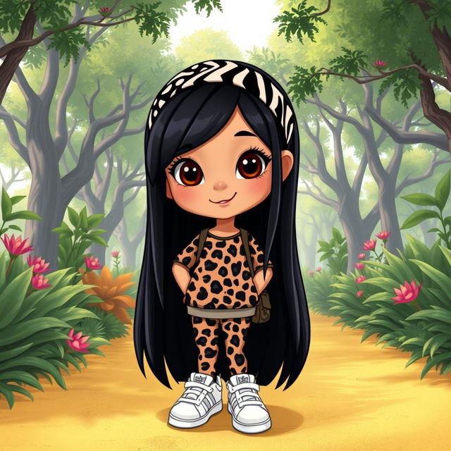 A Disney character representation of a little girl with long, straight black hair adorned with a zebra print headband