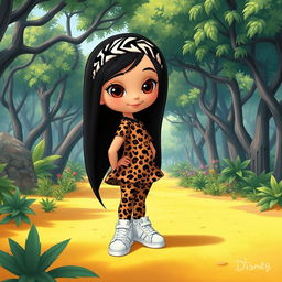 A Disney character representation of a little girl with long, straight black hair adorned with a zebra print headband