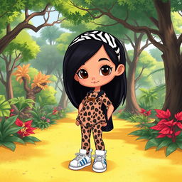 A Disney character representation of a little girl with long, straight black hair adorned with a zebra print headband