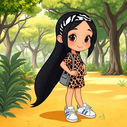 A Disney character representation of a little girl with long, straight black hair adorned with a zebra print headband