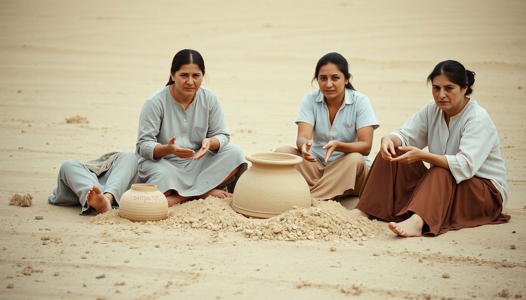 A group of four Eastern European women with Albanian or Balkan features sitting on sandy terrain, engaged in shaping and molding earth or clay with their hands