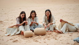 A group of four Eastern European women with Albanian or Balkan features sitting on sandy terrain, engaged in shaping and molding earth or clay with their hands