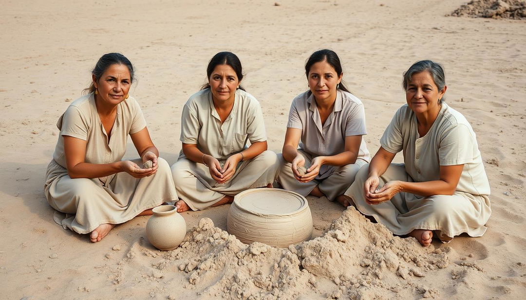 A group of four Eastern European women with Albanian or Balkan features sitting on sandy terrain, engaged in shaping and molding earth or clay with their hands