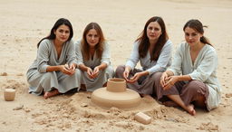 A group of four Eastern European women with Albanian or Balkan features sitting on sandy terrain, engaged in shaping and molding earth or clay with their hands