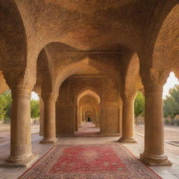 Ancient Iran, showcasing Persian architecture with ornate carvings, lavish gardens, bustling markets filled with spices and textiles, under a golden sunset sky.