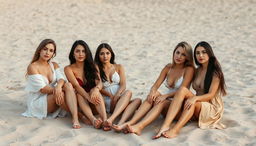 A group of four Eastern European women with Albanian or Balkan features sitting on sandy terrain