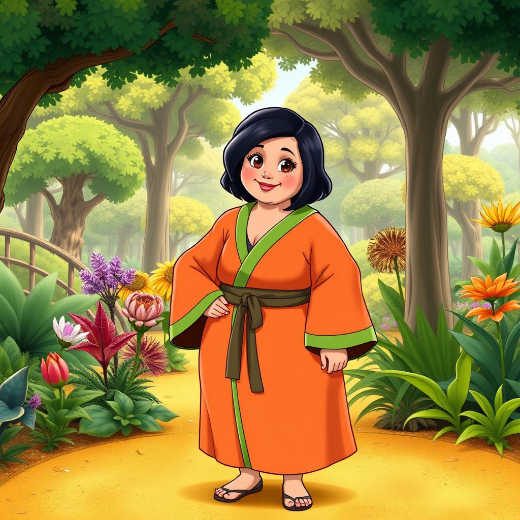 A Disney character representation of a plus-sized woman with short black hair styled with a side fringe