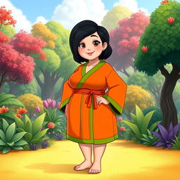 A Disney character representation of a plus-sized woman with short black hair styled with a side fringe