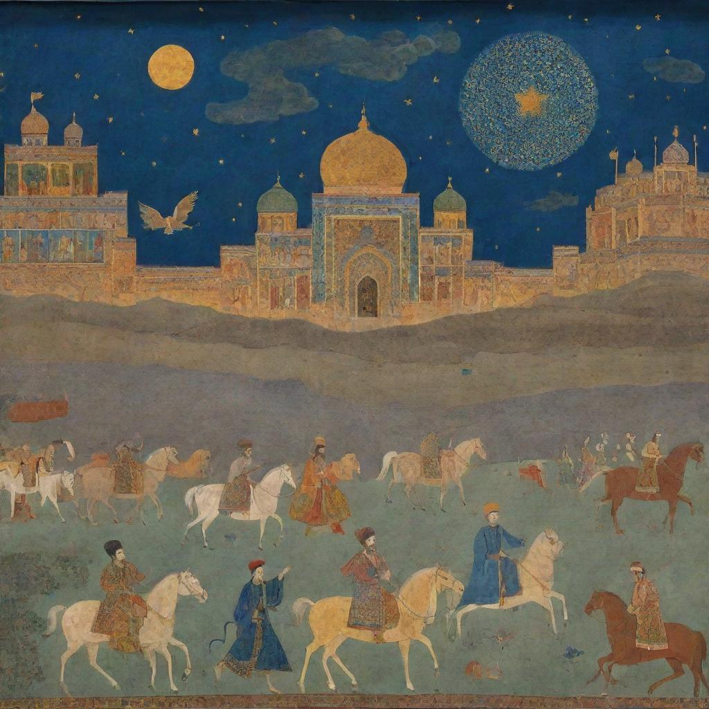 a dramatic scene from the Shahnameh set in Ancient Iran depicting heroic figures, grand palaces, mythical beasts, under an supernatural enchanted sky