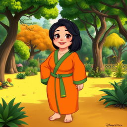 A Disney character representation of a plus-sized woman with short black hair styled with a side fringe