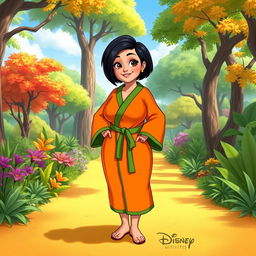 A Disney character representation of a plus-sized woman with short black hair styled with a side fringe