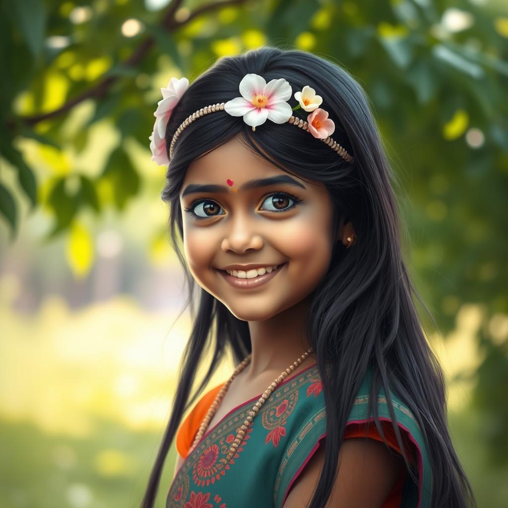 A realistic portrait of a young Indian girl, showcasing her vibrant traditional attire with intricate designs, long black hair adorned with a floral hairband, a warm smile on her face