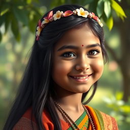 A realistic portrait of a young Indian girl, showcasing her vibrant traditional attire with intricate designs, long black hair adorned with a floral hairband, a warm smile on her face