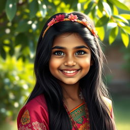 A realistic portrait of a young Indian girl, showcasing her vibrant traditional attire with intricate designs, long black hair adorned with a floral hairband, a warm smile on her face