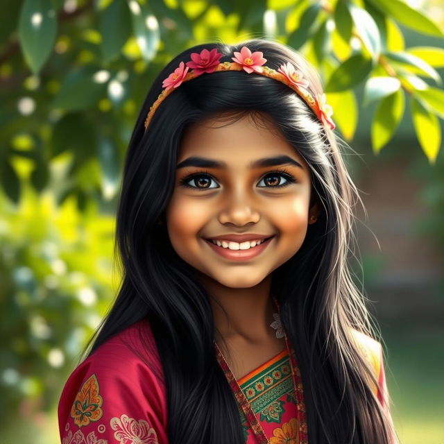 A realistic portrait of a young Indian girl, showcasing her vibrant traditional attire with intricate designs, long black hair adorned with a floral hairband, a warm smile on her face