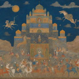 a dramatic scene from the Shahnameh set in Ancient Iran depicting heroic figures, grand palaces, mythical beasts, under an supernatural enchanted sky