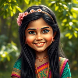 A realistic portrait of a young Indian girl, showcasing her vibrant traditional attire with intricate designs, long black hair adorned with a floral hairband, a warm smile on her face