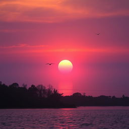 A captivating video showcasing a serene sunset over a tranquil lake, with vibrant orange and purple hues reflecting off the water's surface