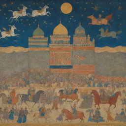 a dramatic scene from the Shahnameh set in Ancient Iran depicting heroic figures, grand palaces, mythical beasts, under an supernatural enchanted sky