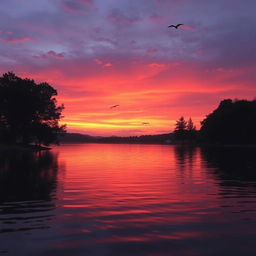 A captivating video showcasing a serene sunset over a tranquil lake, with vibrant orange and purple hues reflecting off the water's surface