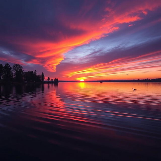 A captivating video showcasing a serene sunset over a tranquil lake, with vibrant orange and purple hues reflecting off the water's surface