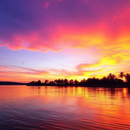 A captivating video showcasing a serene sunset over a tranquil lake, with vibrant orange and purple hues reflecting off the water's surface