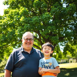 A large adult man standing next to a young boy, both smiling and enjoying a sunny day outdoors, with a prominent, towering Victory Day tree in the background