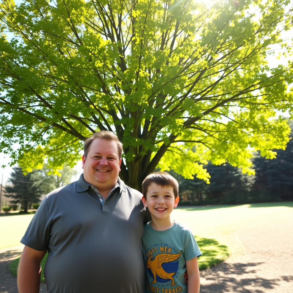 A large adult man standing next to a young boy, both smiling and enjoying a sunny day outdoors, with a prominent, towering Victory Day tree in the background