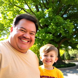 A large adult man standing next to a young boy, both smiling and enjoying a sunny day outdoors, with a prominent, towering Victory Day tree in the background