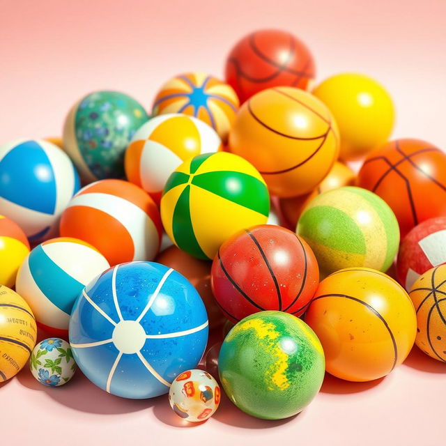 A collection of perfectly round and beautifully colored spherical objects, resembling various types of balls such as beach balls, basketballs, and marbles, each uniquely designed with vibrant patterns and textures