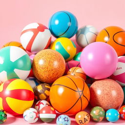 A collection of perfectly round and beautifully colored spherical objects, resembling various types of balls such as beach balls, basketballs, and marbles, each uniquely designed with vibrant patterns and textures