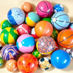 A collection of perfectly round and beautifully colored spherical objects, resembling various types of balls such as beach balls, basketballs, and marbles, each uniquely designed with vibrant patterns and textures