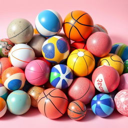 A collection of perfectly round and beautifully colored spherical objects, resembling various types of balls such as beach balls, basketballs, and marbles, each uniquely designed with vibrant patterns and textures