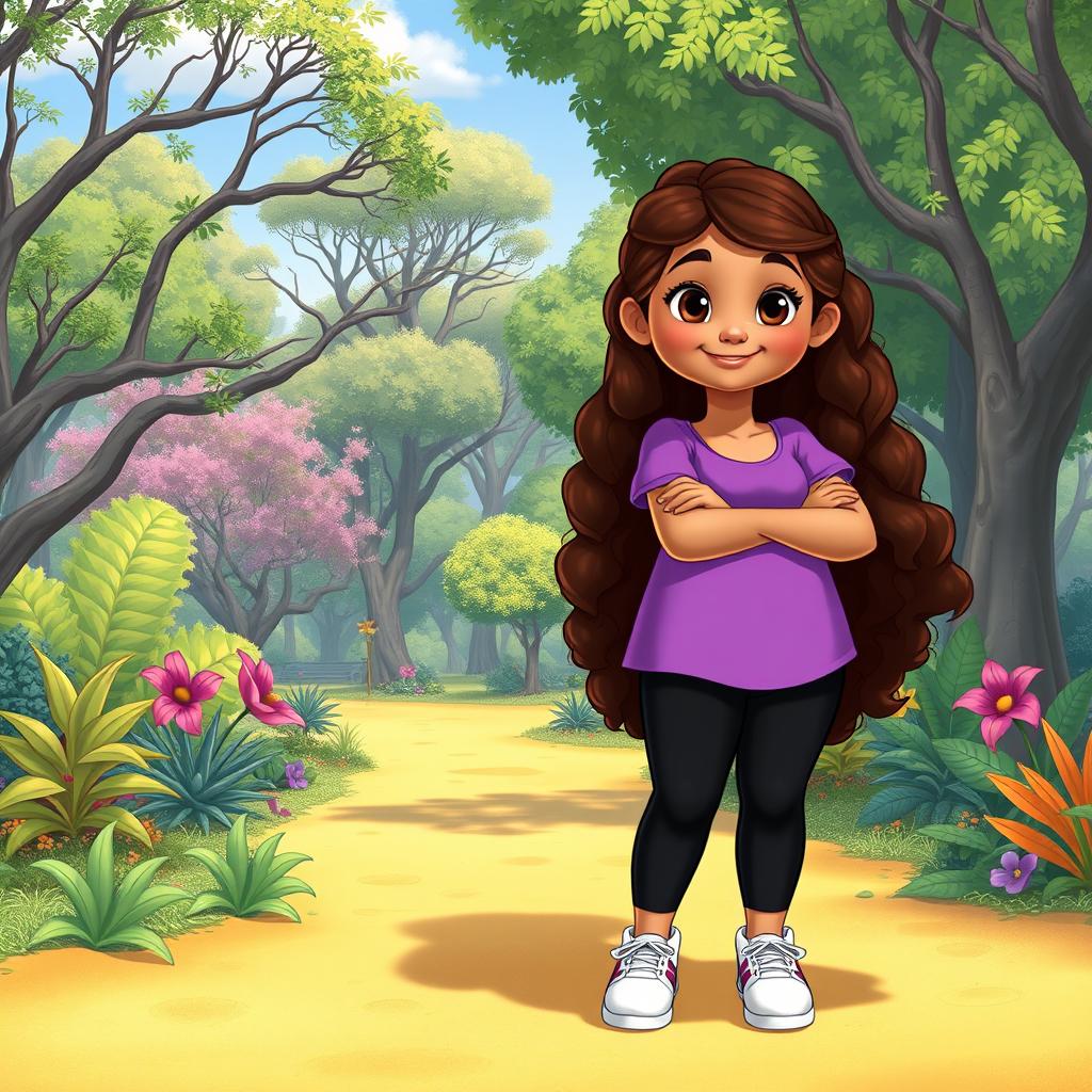 A Disney character representation of a very plus-sized little girl with long, curly brown hair and brown eyes