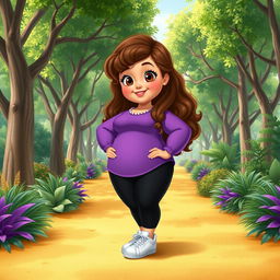 A Disney character representation of a very plus-sized little girl with long, curly brown hair and brown eyes