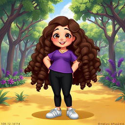 A Disney character representation of a very plus-sized little girl with long, curly brown hair and brown eyes