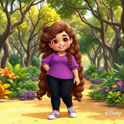 A Disney character representation of a very plus-sized little girl with long, curly brown hair and brown eyes