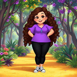 A Disney character representation of a very plus-sized little girl with long, curly brown hair and brown eyes