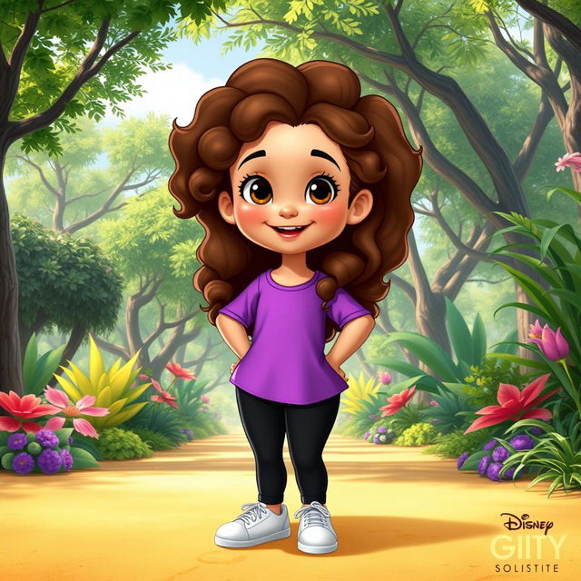 A Disney character representation of a very plus-sized little girl with long, curly brown hair and brown eyes