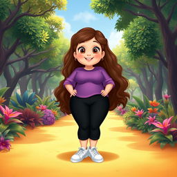 A Disney character representation of a very plus-sized little girl with long, curly brown hair and brown eyes