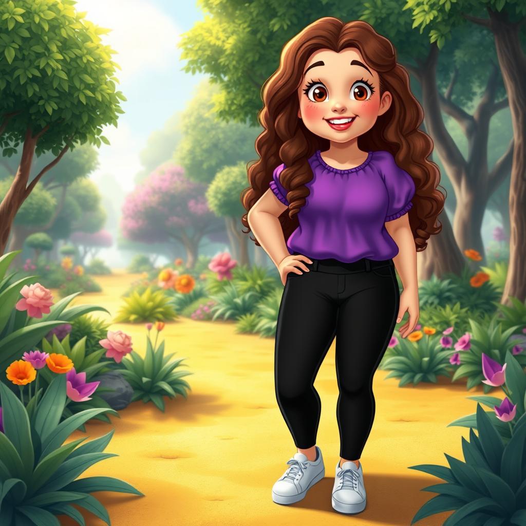 A Disney character representation of a very plus-sized little girl with long, curly brown hair and brown eyes