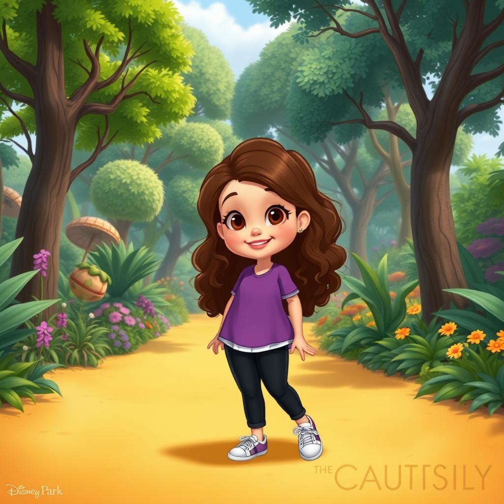 A Disney character representation of a very plus-sized little girl with long, curly brown hair and brown eyes