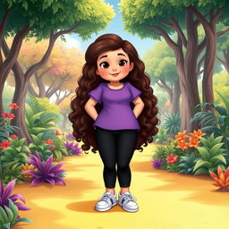 A Disney character representation of a very plus-sized little girl with long, curly brown hair and brown eyes