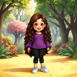 A Disney character representation of a very plus-sized little girl with long, curly brown hair and brown eyes