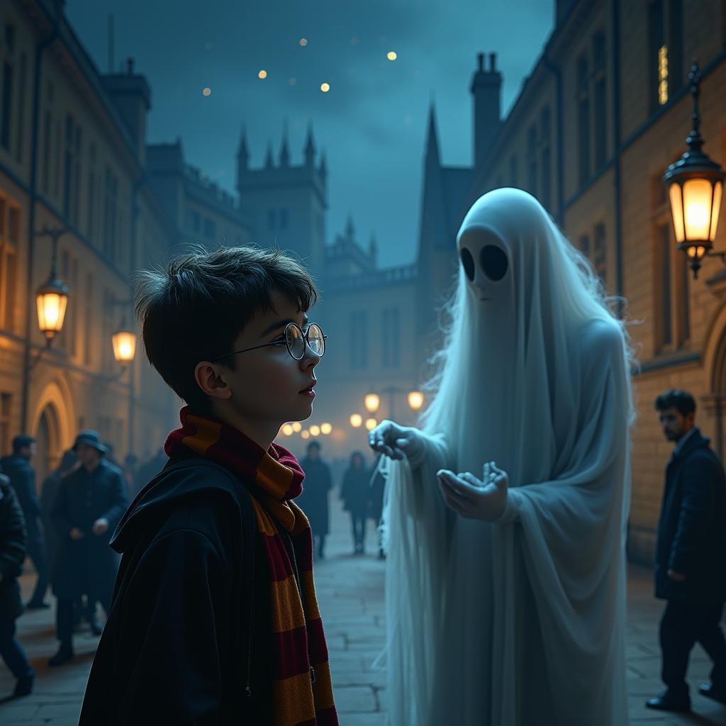 A magical scene depicting Harry Potter on a ghost tour at Oxford University, with ancient stone buildings and gothic architecture in the background