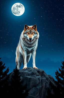 A majestic wolf standing atop a rocky cliff under a full moon, with a starry night sky in the background