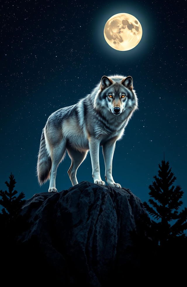 A majestic wolf standing atop a rocky cliff under a full moon, with a starry night sky in the background